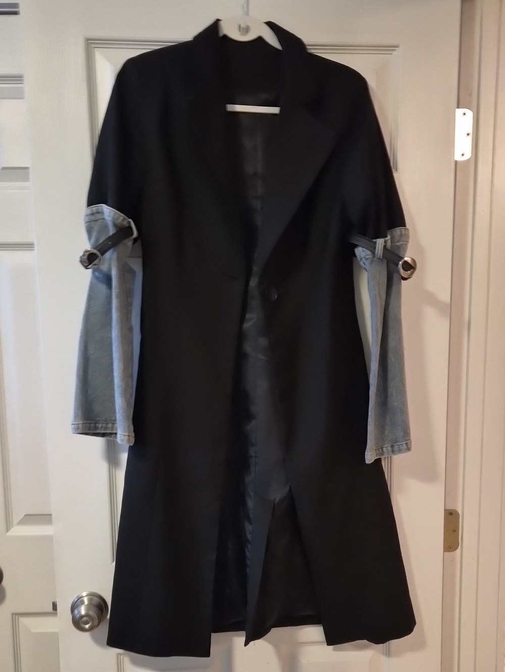 Black Trench Coat with Denim Sleeves - Women's Jacket Sz M